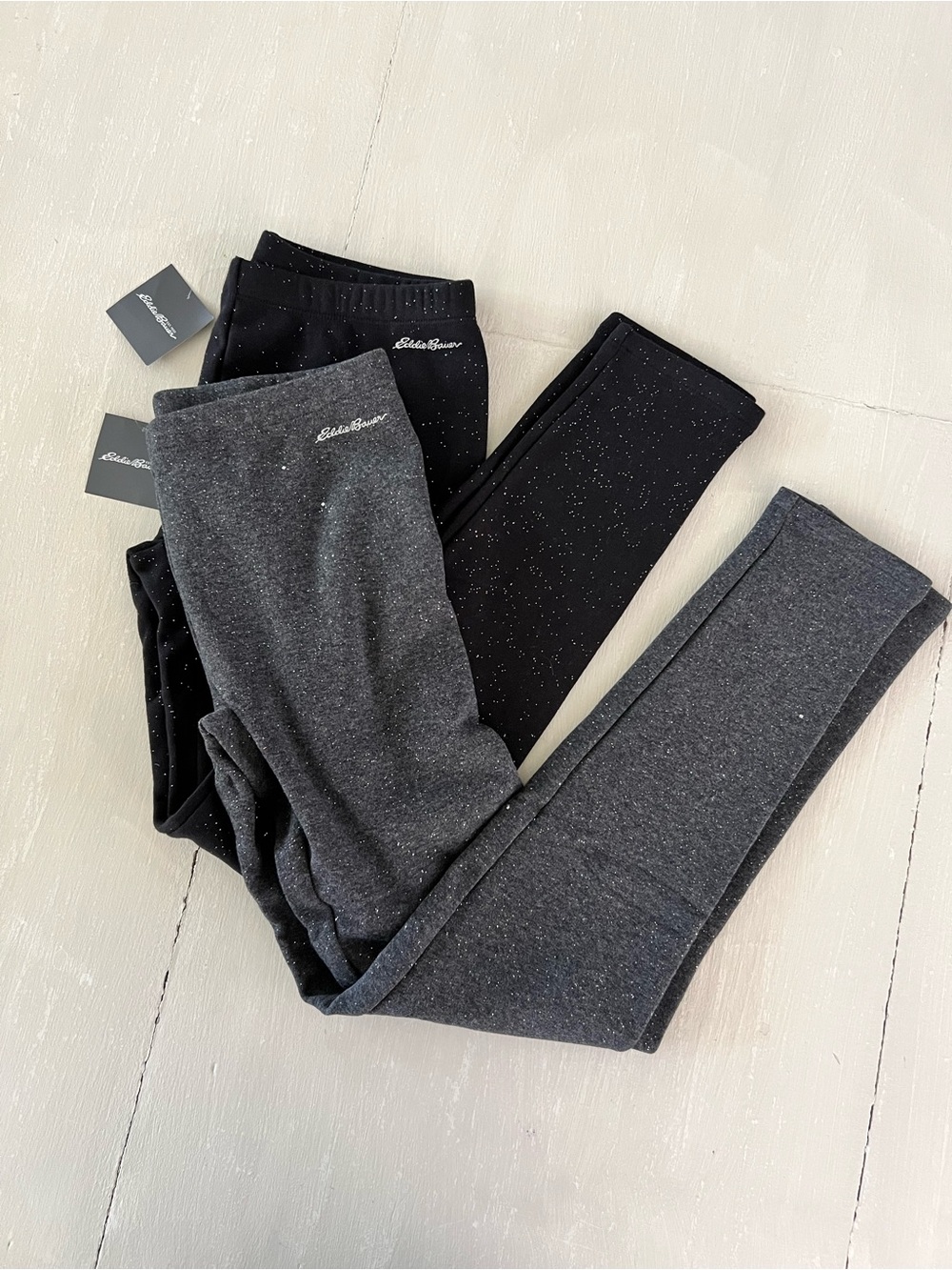 NWT Eddie Bauer Girls XL 16 2-Pack Plush Lined Sparkle Leggings Black Gray